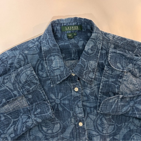 Lauren Ralph Lauren Women's 1X Blue Floral Button-Up Shirt 3/4 sleeve 100%Linen - Picture 1 of 11